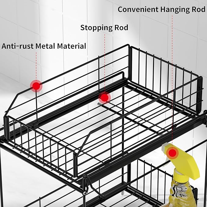SUEH DESIGN Under Sink Organizers and Storage, 2 Tier Metal Under Sink Storage with Hanging Rail for Kitchen Bathroom Cabinet Organizer, 2 Pack-NeatNest