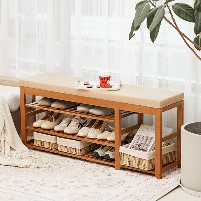 47.2 in Shoe Rack Bench with Cushion, 3 Tier Bamboo Entryway Bench with Storage for Entryway, Hallway, Bedroom, Living Room-NeatNest