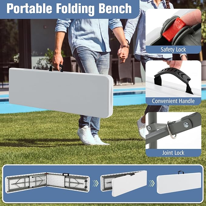 Goplus 6 Feet Plastic Folding Bench, Portable Foldable Bench Seat with 1320 LBS Capacity, HDPE Thickened Long Seat with Handle & Lock, for Outside Indoor Picnic Party Camping Dining Soccer Events-NeatNest