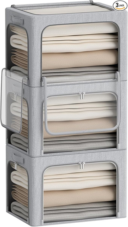 3 Openings Clothes Storage Bins Box - 3Pack Stackable Foldable Storage Bin - Metal Frame Storage Box Clothing Storage Organizer with Clear Window, Carry Handles (66L-19.7x15.7x13in, Light Grey)-NeatNest