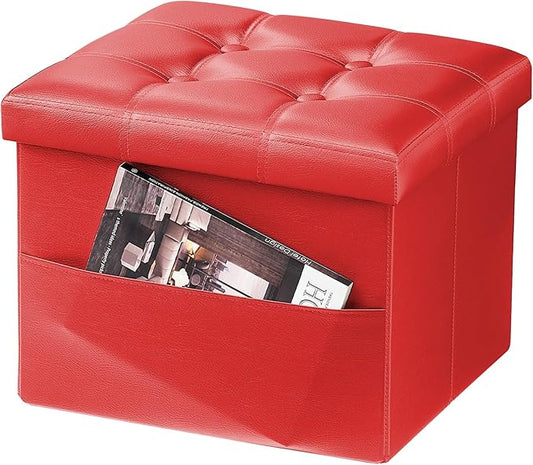 AmasSmile Red Storage Ottoman Folding Foot Rest Stool with Side Pocket, 16 inch Leather Footstool Bench, Short Ottoman Bench, Storage Foot Rest Store, Books-NeatNest