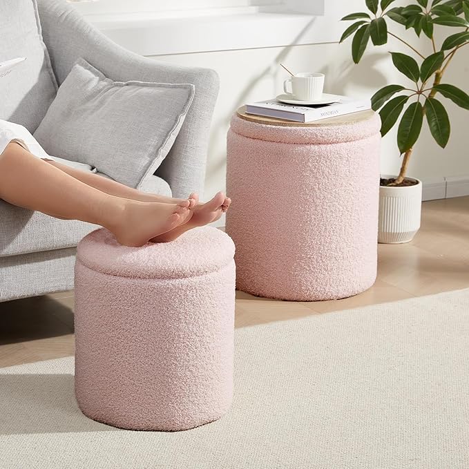 Boucle Round Ottoman with Storage Set of 2,Small Foot Stool Ottoman for Living Room, Small Coffee Table,Vanity Stool with Storage for Bedroom, Pink-NeatNest
