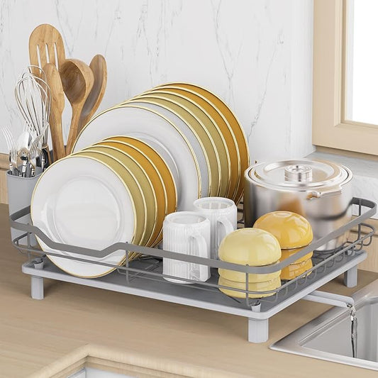 Dish Drying Rack, Stainless Steel Rustproof Dish Rack for Kitchen Counter, Sturdy Dish Drainer with Drainboard, Drainage, Utensil Holder for Various Kitchenware, 16.2"(L) x 12.6"(W), Grey