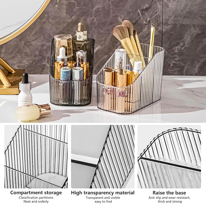 DASITON Large Capacity Makeup Brush Holder,3 Slot Makeup Brush Cup,Vintage striped Make Up Brush Holder,for Vanity Decor,Bathroom Countertops,Desk Storage Container,Cosmetic Display cases(Clear-S)-NeatNest