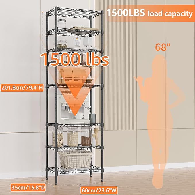 IZEUK 8 Tier Adjustable Metal Storage Shelving Unit, Heavy Duty Standing Rack Organizer for Kitchen, Pantry, Laundry Room, Garage or Basement, 2000 lbs Capacity, 23.6 W x 13.8 D x 79.5 H, Black