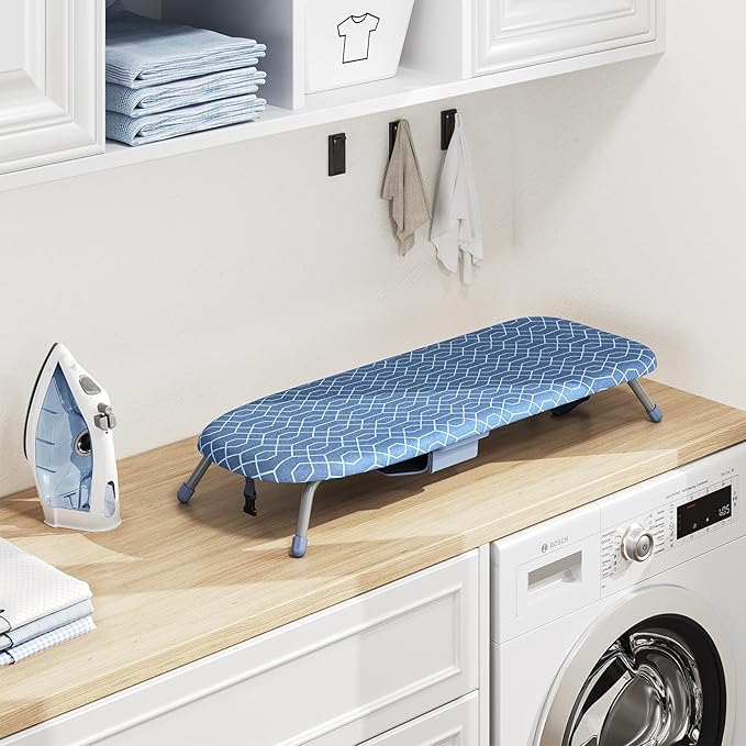 Kingboard Small Ironing Board with Iron Holder, Tabletop Iron Board with 2 Heat Resistant Covers, Portable Table top Ironing Board with Non-Slip Feet for Home Travel, 12 * 32 Blue