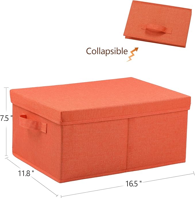 HOONEX Storage Bins with Lids for Organizing, Pack of 2, Storage Boxes with 2 Carrying Handles and Sturdy Heavy Cardboard, 16.5" L x 11.8" W x 7.5" H for Shoes, Books, Clothes, Nursery, Orange-NeatNest