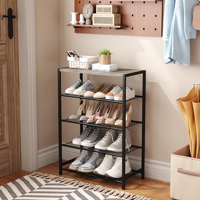 HOMEFORT 5 Tiers Shoe Rack Organizer,23" Shoe Storage Shelf for Closet, Shoe Rack for Entryway, Each Tier Fits 3 Pairs, Shoe Stand with Metal Shelves and MDF Top Board, Washed Gray-NeatNest