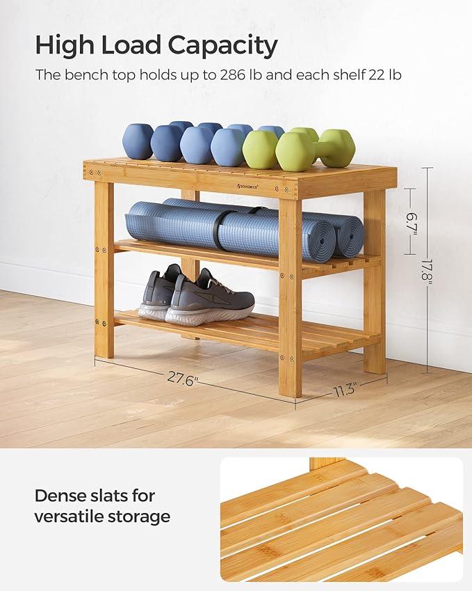 SONGMICS Shoe Rack Bench, 3-Tier Bamboo Shoe Storage Organizer, Entryway Bench, Holds Up to 286 lb, 11.3 x 27.6 x 17.8 Inches, for Entryway Bathroom Bedroom, Natural ULBS04N-NeatNest