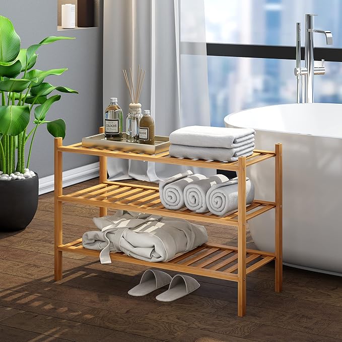 BMOSU 3-Tier Bamboo Shoe Rack Premium Stackable Shoe Shelf Storage Organizer for Hallway Closet Living Room Entryway Organizer (Natural Bamboo)-NeatNest