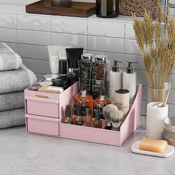 Makeup Organizer Countertop, Vanity Organizer with Drawers for Cosmetics, Skincare, Brushes, Perfume, Skincare Organizer for Vanity, Perfume Organizer for Dresser, Bathroom (Pink&2 Drawers)-NeatNest