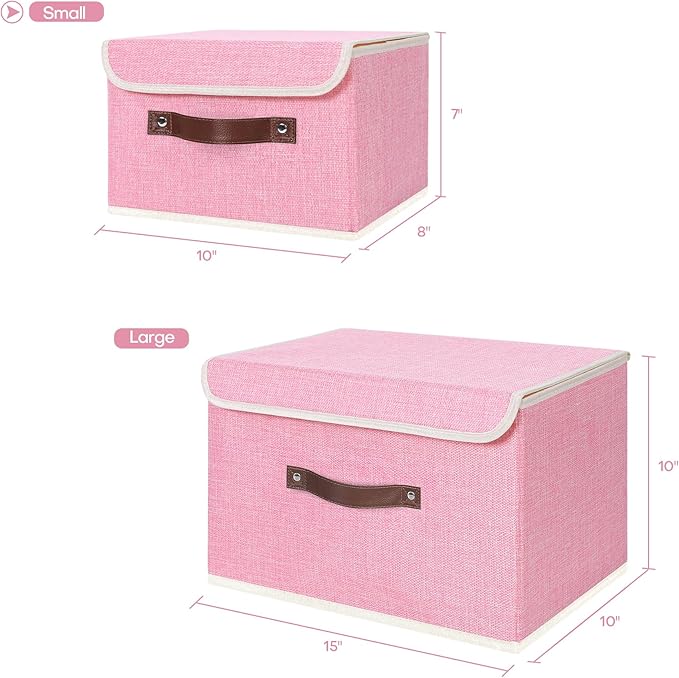 ANMINY 2PCS Storage Bins with Lid PU Leather Handles Storage Boxes PP Plastic Board Decorative Foldable Lidded Cotton Linen Fabric Home Cubes Baskets Closet Organizer Containers - Pink, Small Size-NeatNest