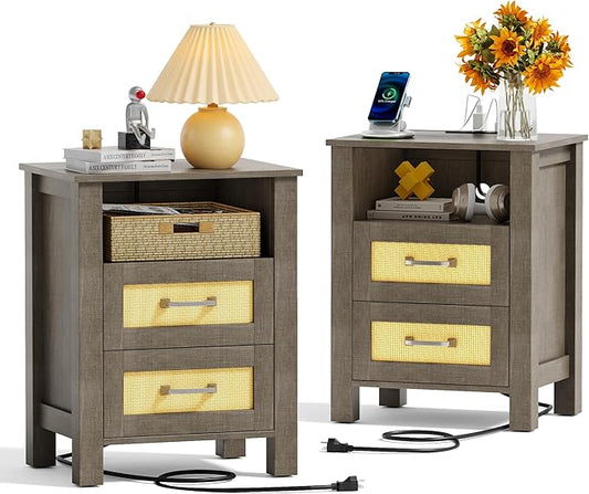 JUMMICO 26.18" End Table with Charging Station and Rattan Drawers, Farmhouse Nighstand, Wooden Storage Bedside Table, Living Room, Bedroom(2, Vintage Gray)