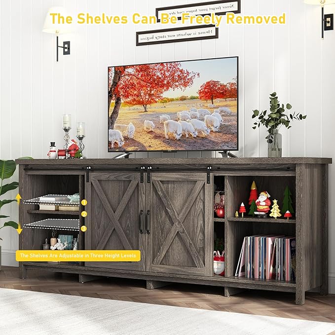 70In Farmhouse TV Stands for 70 75 80inch TV w/Adjustable Shelves,Sliding Barn Door.Rustic Wooden Entertainment Center,TV Console Grey Cabinet w/Storage for Bedroom Living Room(Dark Grey 70in)-NeatNest