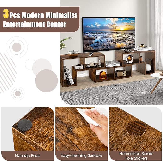 GOFLAME 3 Pieces TV Console Stand, Modern Entertainment Center for 50 55 60 65 Inch Flat Screen TV, Free Combination Bookcase for Storage & Display, Suitable for Living Room, Bedroom (Brown)-NeatNest