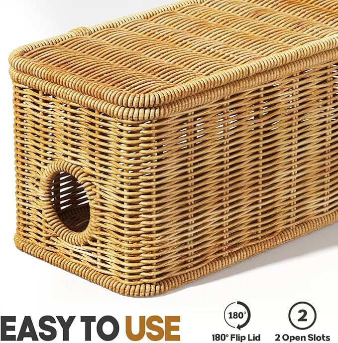 Cable Management Box,2 Open Slots Cord Organizer Hider Box with Lid,2 Pack Handwoven Imitation Rattan Cable Organizer Box for TV Wire Computer Router & Power Strip-A Style(Light Brown)