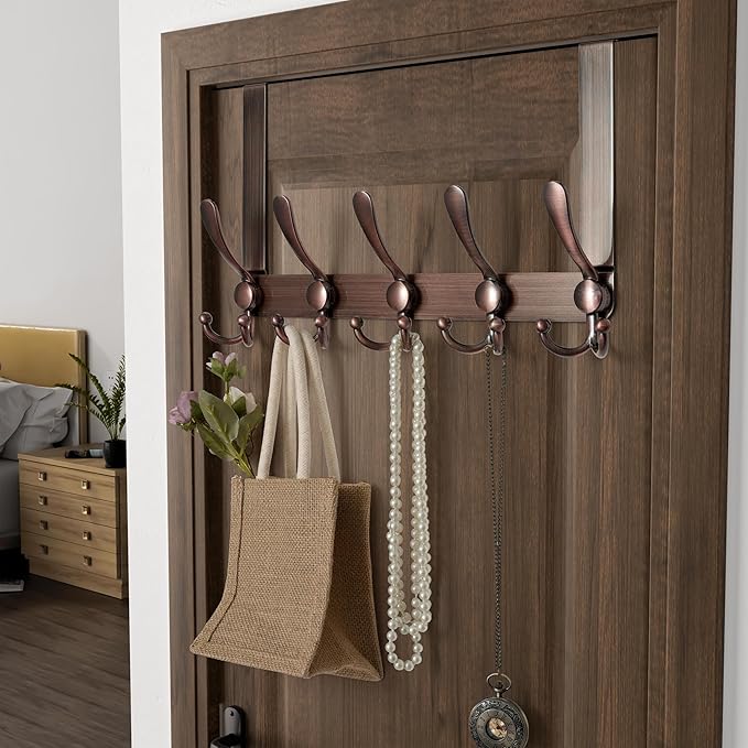 Dseap Over Door Hook 2.0 - Upgraded Version - Simple-Assembly, Strong, Heavy-Duty Stainless Steel 5-Tri-Hook Over The Door Hanger Rack, SimpleStrong Series, Antique Copper