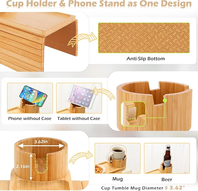 Couch Cup Holder Tray, 15.75" Bamboo Cup Holder for Couch, 3 in 1 Foldable Arm Chair Clip on Side Tray Table for Remote Snack Table on Armrest-NeatNest