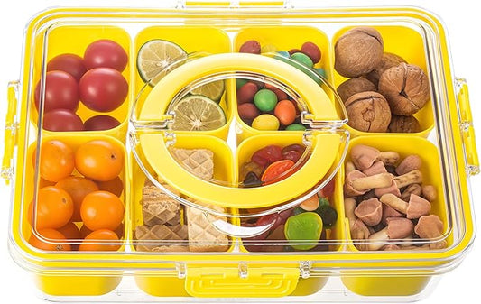 Divided Serving Tray with Lid and Handle - Snackle Box Charcuterie Container for Portable Snack Platters Organizer for Candy, Fruits, Nuts, Snacks - Perfect for Party, Entertaining, Yellow-NeatNest