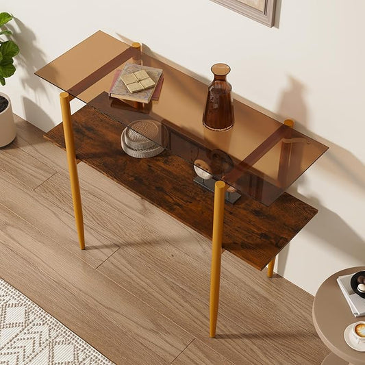 Glass Sofa Table, Mid-Century Modern Entryway Table with Tempered Glass & Golden Legs, 2-Tier Behind Couch Table for Living Room Hallway Entrance, Brown-NeatNest