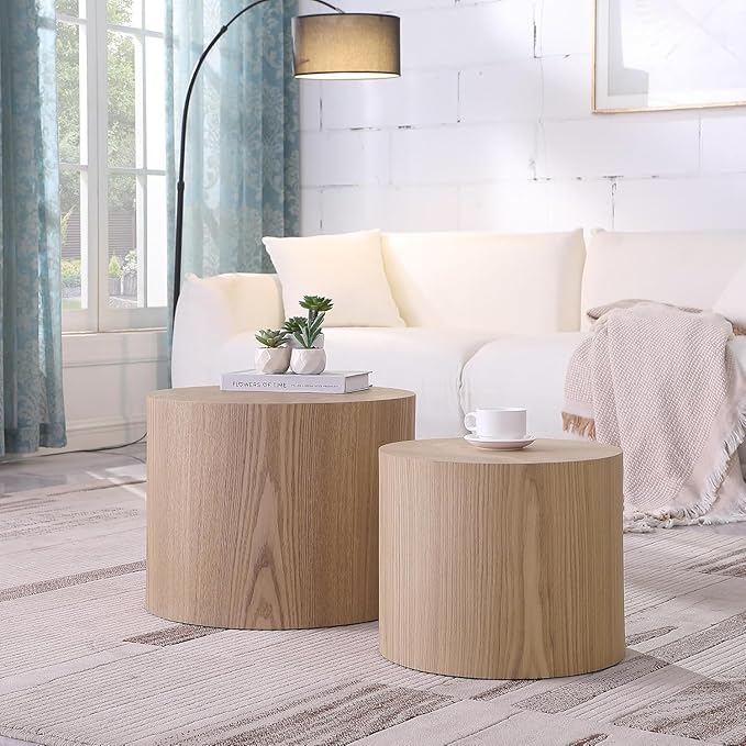 KEVINSPACE Coffee Table Nesting Tables Set of 2, Small Modern Round Coffee Table with Non-Slip Feet, Wooden Circle Accent Tables for Small Spaces Living Room Bedroom Balcony Drum Side Table Oak