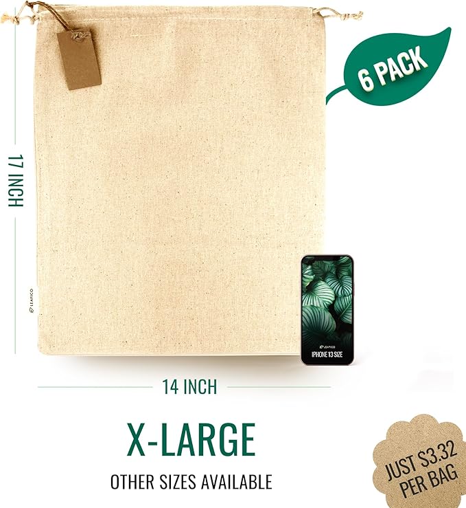 Cotton Storage Bags – X-Large 14x17 Inch (6-Pack) – Reusable Muslin Bags with Drawstrings – Biodegradable Canvas Fabric Sacks – Perfect for Bread, Bulk Produce, Potatoes, Onions, Shoes-NeatNest