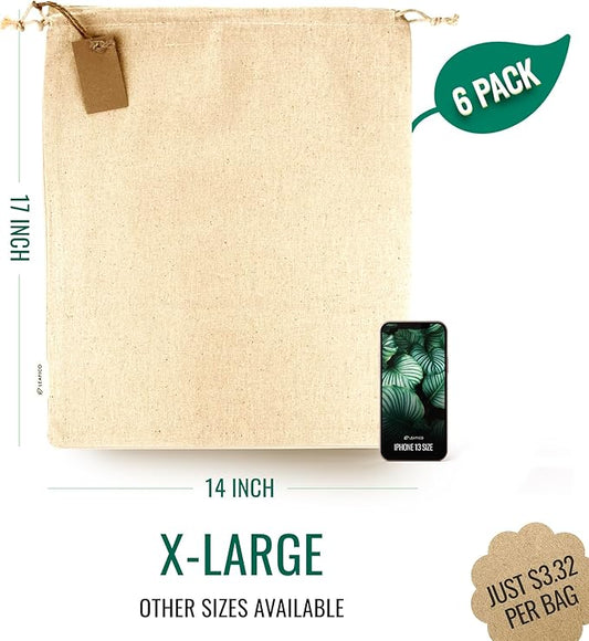 Cotton Storage Bags – X-Large 14x17 Inch (6-Pack) – Reusable Muslin Bags with Drawstrings – Biodegradable Canvas Fabric Sacks – Perfect for Bread, Bulk Produce, Potatoes, Onions, Shoes-NeatNest