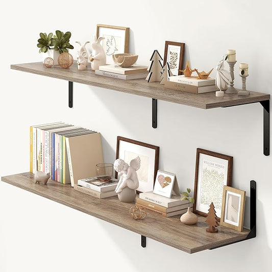 Fun Memories Floating Shelves for Wall, 12 Inch Deep Floating Shelves Set of 2, Wall Mounted Shelf with Metal Brackets, Rustic Wood Wide Shelf for Bathroom, Kitchen and Living Room, Grey, 55W x 12D-NeatNest