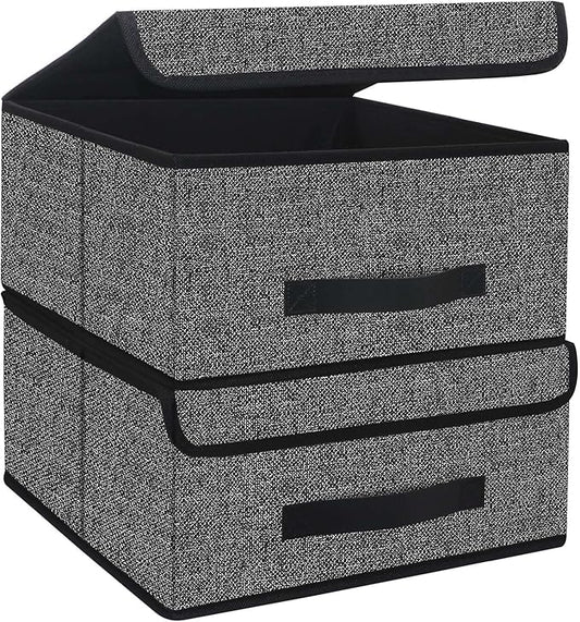 Onlyeasy Foldable Storage Bins Cubes Boxes with Lid - Storage Box Cube Cubby Basket Closet Organizer Pack of Two with Leather Handles for Closet Bedroom, 13"x13", Black, 8MXALB2P
