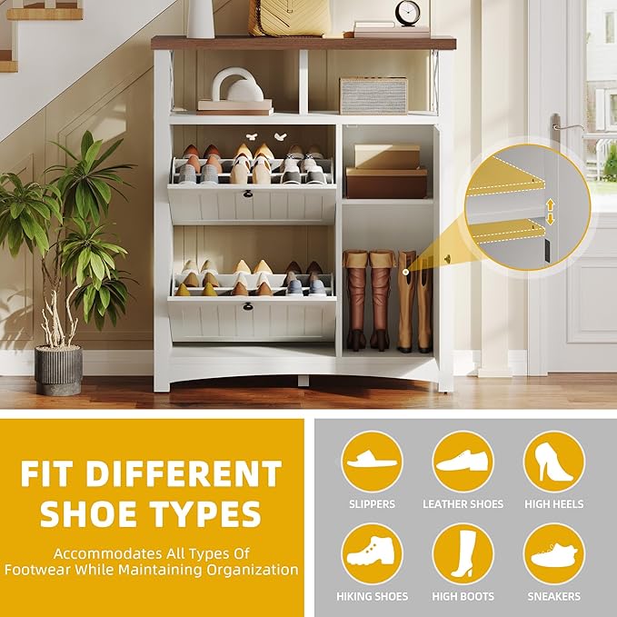 DWVO Farmhouse Shoe Cabinet with 2 Flip Drawers, Wood Shoe Rack w/Door, Entryway Shoe Organizer with Open Storage & Adjustable Shelves, Rustic Hidden Shoes Storage Cabinet for Foyer, Hallway, White-NeatNest