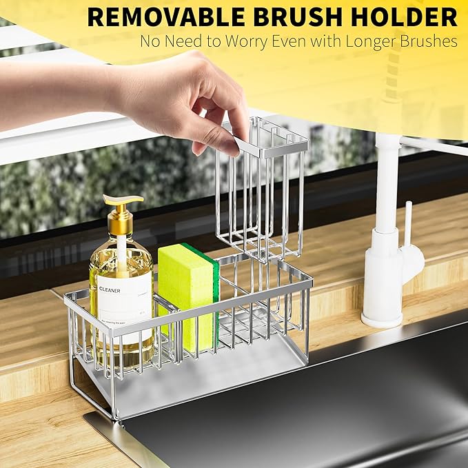 Cisily Sink Caddy Sponge Holder for Kitchen, 304 Stainless Steel Rustproof, Kitchen Sink Caddy with High Brush Holder, Dish Sponge Organizer with Divider(Silver)-NeatNest