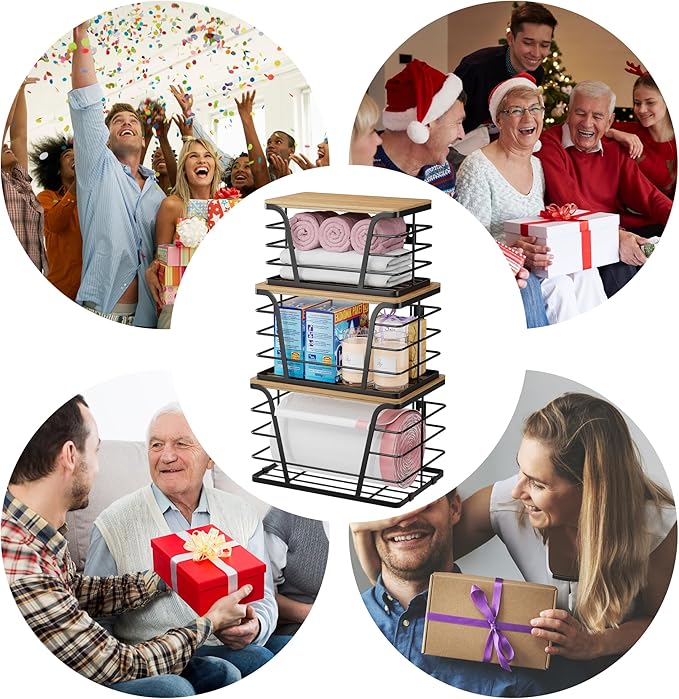 3 Pack Stackable Pantry Organizer, Trash Bag Dispenser Under Sink, Kitchen Organization and Storage, Kitchen Counter Organizer, Black