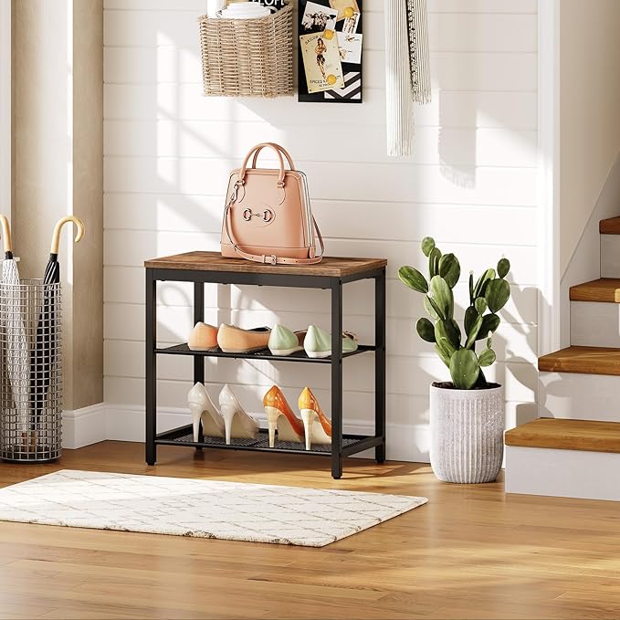 HOOBRO Shoe Bench, 3-Tier Shoe Rack, Industrial Shoe Organizer Storage Bench, 19.7 inches Entry Bench with Mesh Shelves, for Entryway, Living Room, Hallway, Easy Assembly, Rustic Brown BF50HX01-NeatNest