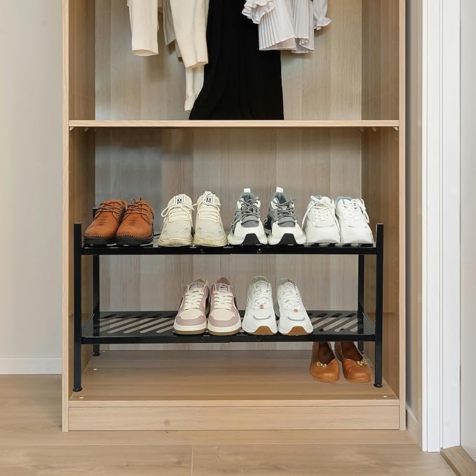 Shoe Rack - Metal Shoe Organizer 2 Tier Shoes Shelf Storage, 35 Inches Stackable Long Show Stand Holder for Closet, Entryway, Garage, Floor, Door Entrance, Black-NeatNest