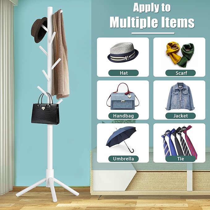 Haddockway Wooden Coat Rack Stand with 8 Hooks New Zealand Pine 3 Adjustable Coat Standing Tree Easy Assembly for Coats, Hats, Scarves and Handbags for Entryway, Hallway, Bedroom, Office,2 PCS-NeatNest
