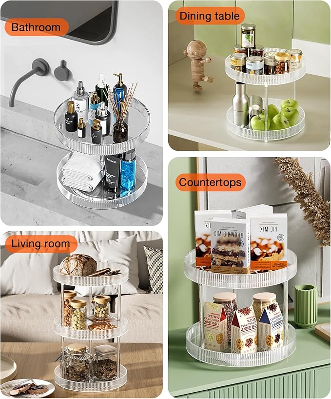 3 Tier Lazy Susan Bathroom Countertop Organizer, 360° Clear Rotating Makeup Cosmetic Perfume Storage Tray, Spinning Vanity Organizer Shelf for Bathroom Cabinet, Dresser, Kitchen(Large)-NeatNest