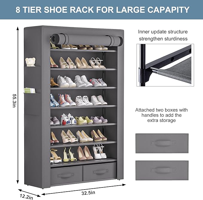 Shoe Rack Storage Cabinet 32 Pairs Organizer Shelf Tall for Shoes Large Free Standing Racks Vertical Shoe Holder Stand with Cover Two Boxes Closet-NeatNest