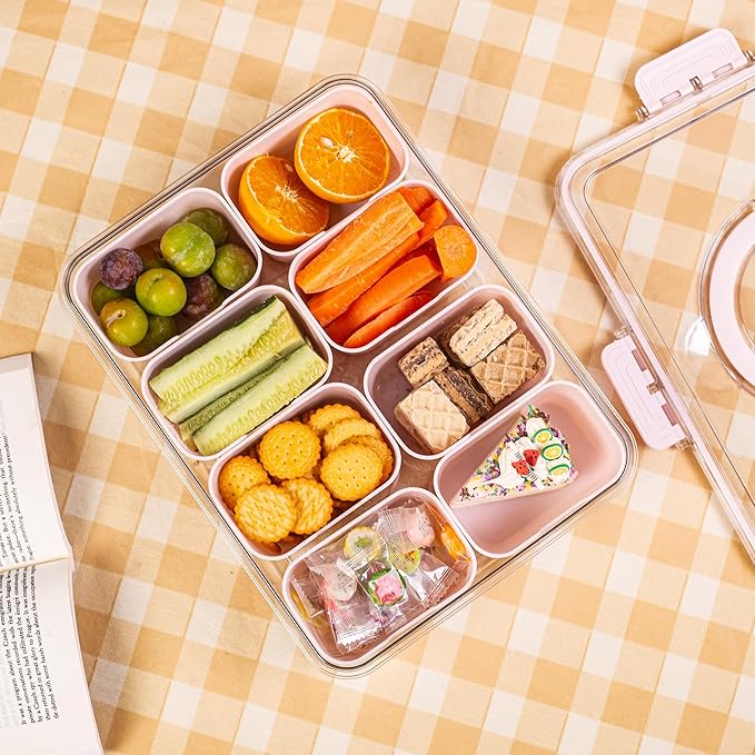 Divided Serving Tray with Lid and Handle - Snackle Box Charcuterie Container for Portable Snack Platters Organizer for Candy, Fruits, Nuts, Snacks - Perfect for Party, Entertaining, Pink-NeatNest