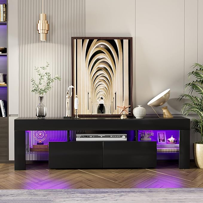 JUMMICO TV Stand, Modern Lighting TV Cabinet Entertainment Center Media and Open Shelf, TV Console Table with 1 Drawer and Remote Control, 20 Color LED Lights up to 70 Inch TV (Black)-NeatNest