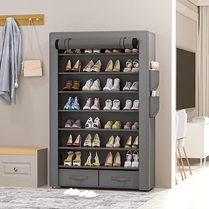 Shoe Rack Storage Cabinet 32 Pairs Organizer Shelf Tall for Shoes Large Free Standing Racks Vertical Shoe Holder Stand with Cover Two Boxes Closet-NeatNest