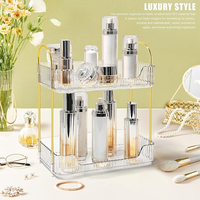 Bathroom Counter Organizer Countertop Storage Skincare Countertop Makeup Organizer Cosmetics Skincare Organizers Holder for Perfume-Clear-golden pole-NeatNest