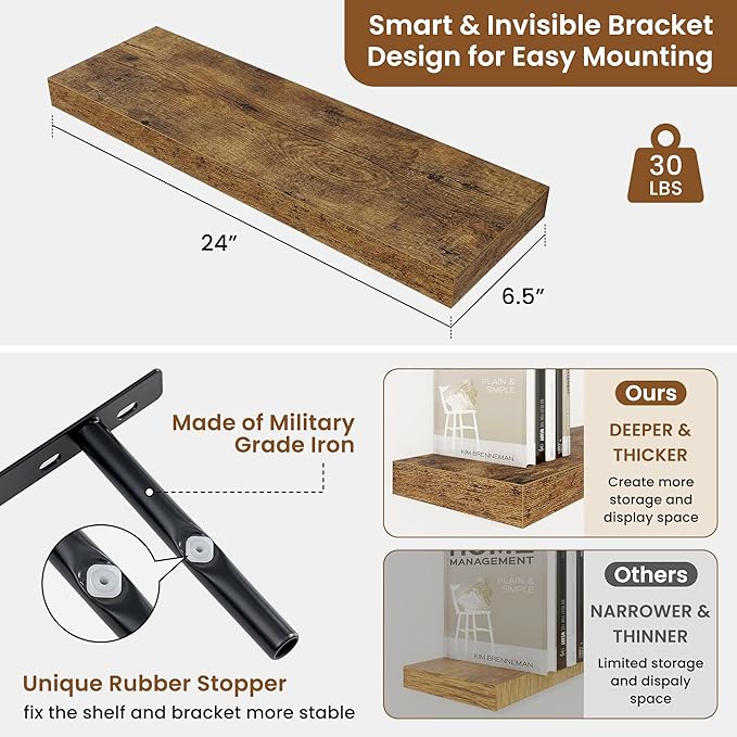 fuqing Floating Shelves for Wall, Bathroom Shelf Wall Mounted for Storage, Shelves with Invisible Bracket for Bedroom, Kitchen, Living Room, Farmhouse Small Book Shelf, 24 Inch Set of 2, Rustic Brown-NeatNest