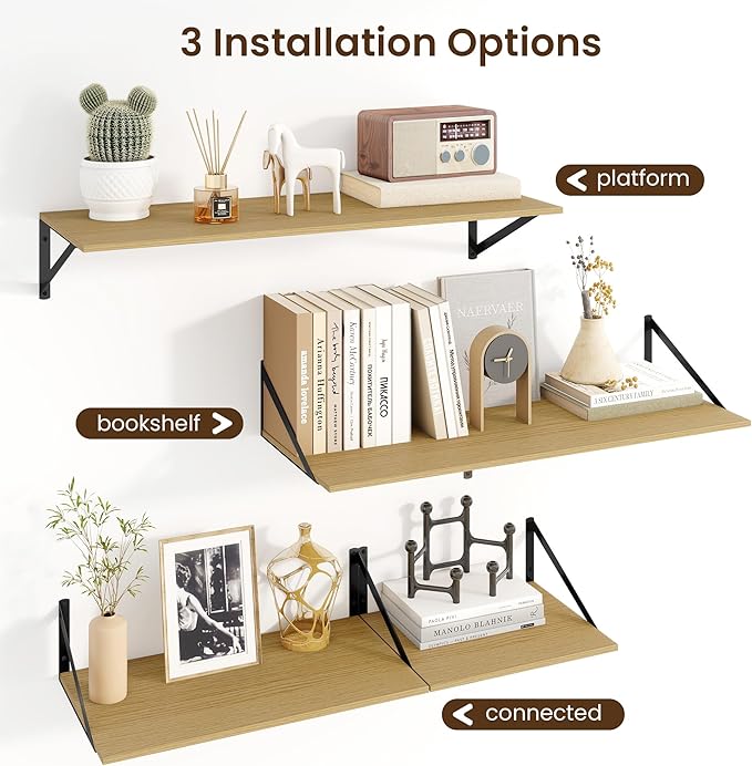 Fun Memories Floating Shelves for Wall, 12 Inch Deep Floating Shelves Set of 2, 16W x 12D Large Wall Shelf with Sturdy Metal Brackets for Living Room, Bathroom, Bedroom and Kitchen, Oak-NeatNest