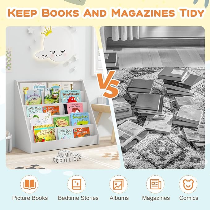 Costzon 5-Tier Kids Bookshelf, Wooden Children Bookcase, Toddler Book Rack, Magazine Storage & Display Shelf, Book Shelf for Kids Room, Living Room, Nursery, Classroom (White)-NeatNest