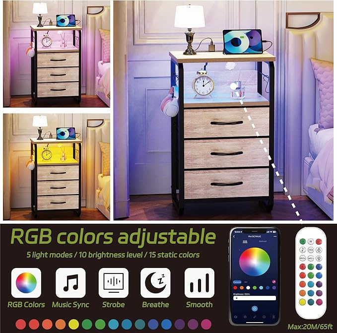 Tall Nightstand Set of 2 with Charging Station, Bed Side Tables Bedroom Set of 2, LED Night Stand Set 2, Bedside Table with Drawers, Night End Table with Storage for Bedroom, Dorm Greige