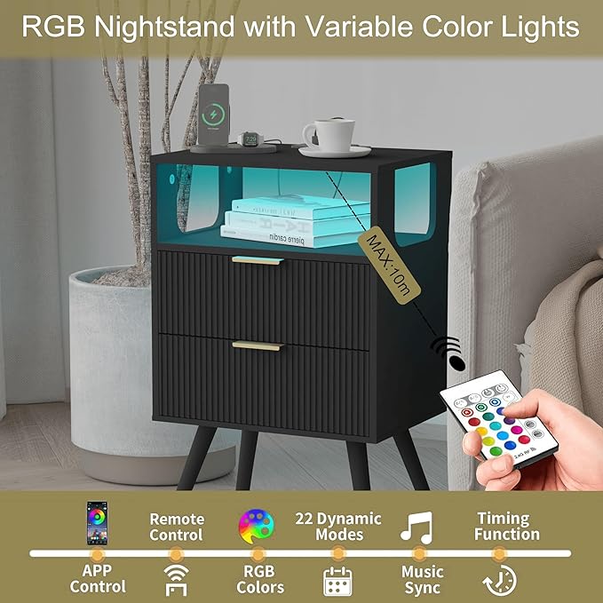 Black Nightstand with Charging Station and LED Lights,Modern Bedside Table with 2 Storage Drawer and Open Wood Shelf, for Bedroom and Small Spaces,Night Stand with Solid Wood Legs,Black-NeatNest