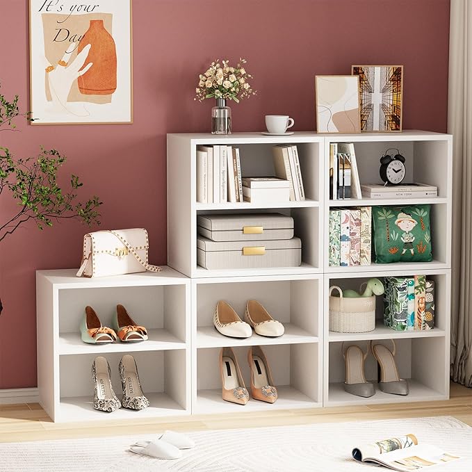 Garden 4 You Cube Organizer Shelf, 2-Tier Stackable Bookshelf, Wooden Display Bookcase with 2 Cube Storage, Small Storage Cabinet for Living Room, Bedroom - White-NeatNest