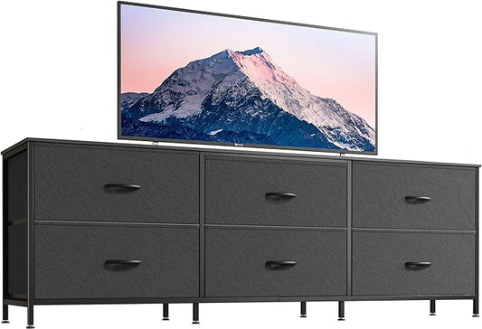 Huuger 63 Inch Long Dresser for Bedroom, Wide TV Stand for 55, 65, 70 Inch TV, 6 Drawer Dresser for Closet with Fabric Drawers, Storage Organizer for Bedroom, Entryway, Black-NeatNest