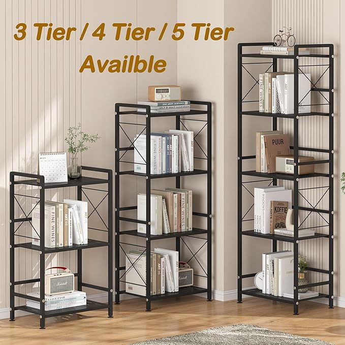 JSB 4 Tier Metal Bookshelf Bathroom Storage Standing Shelf Unit Kitchen Storage Organizer Display Rack Bookcases Shelves for Living Room, Bedroom, Office (Widen Black, 4 Tier)