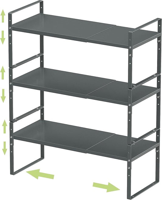 Expandable Stackable Spice Rack Cabinet Shelf Organizer in Cabinets Shelves Kitchen Cupboard Organization Stack up Racks Pantry Countertop Storage (Gun-Gray, Large 3 Packs G)